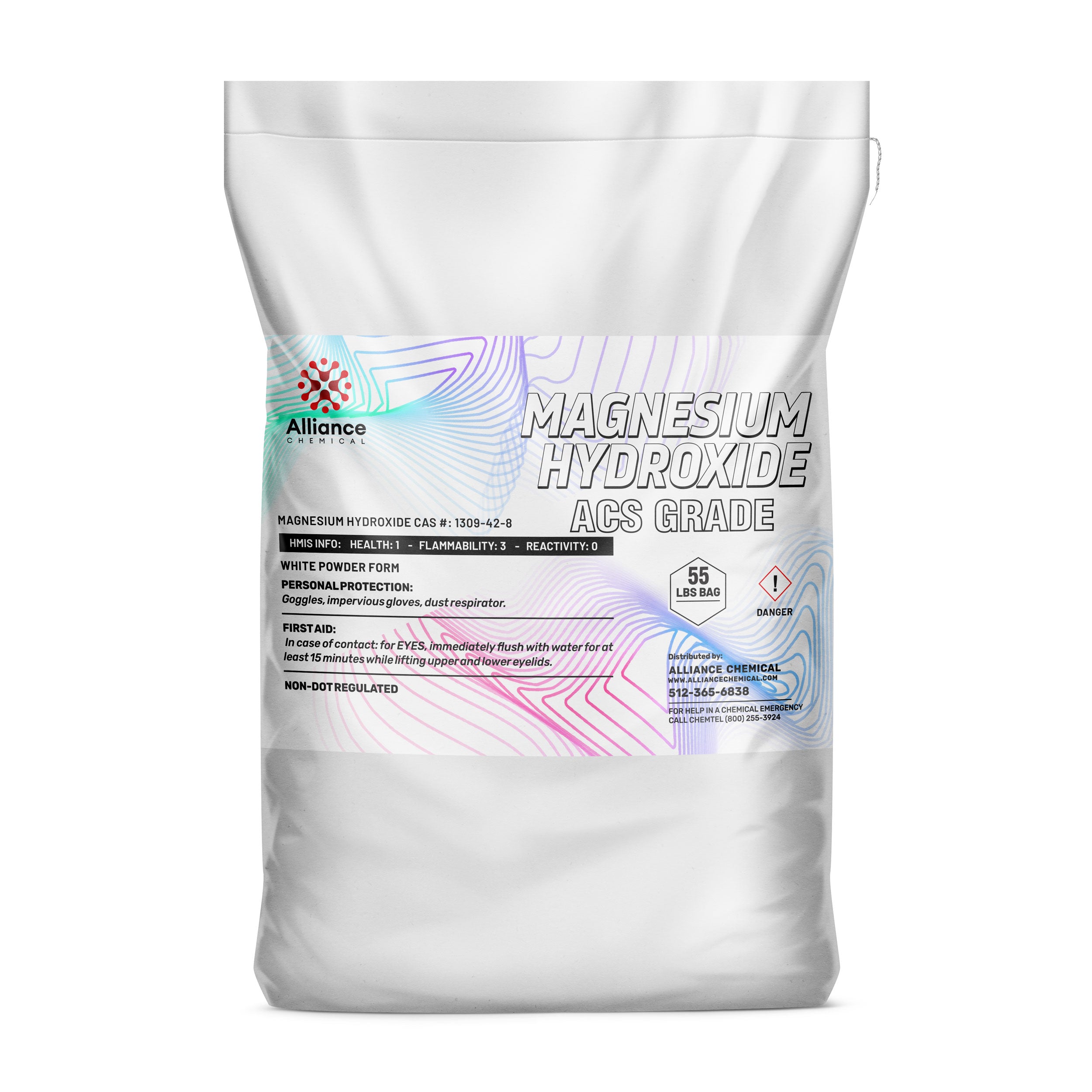 55lb bag of ACS-grade Magnesium Hydroxide powder (CAS #1309-42-8) in white packaging with HMIS safety ratings, danger symbol, and Alliance Chemical branding.